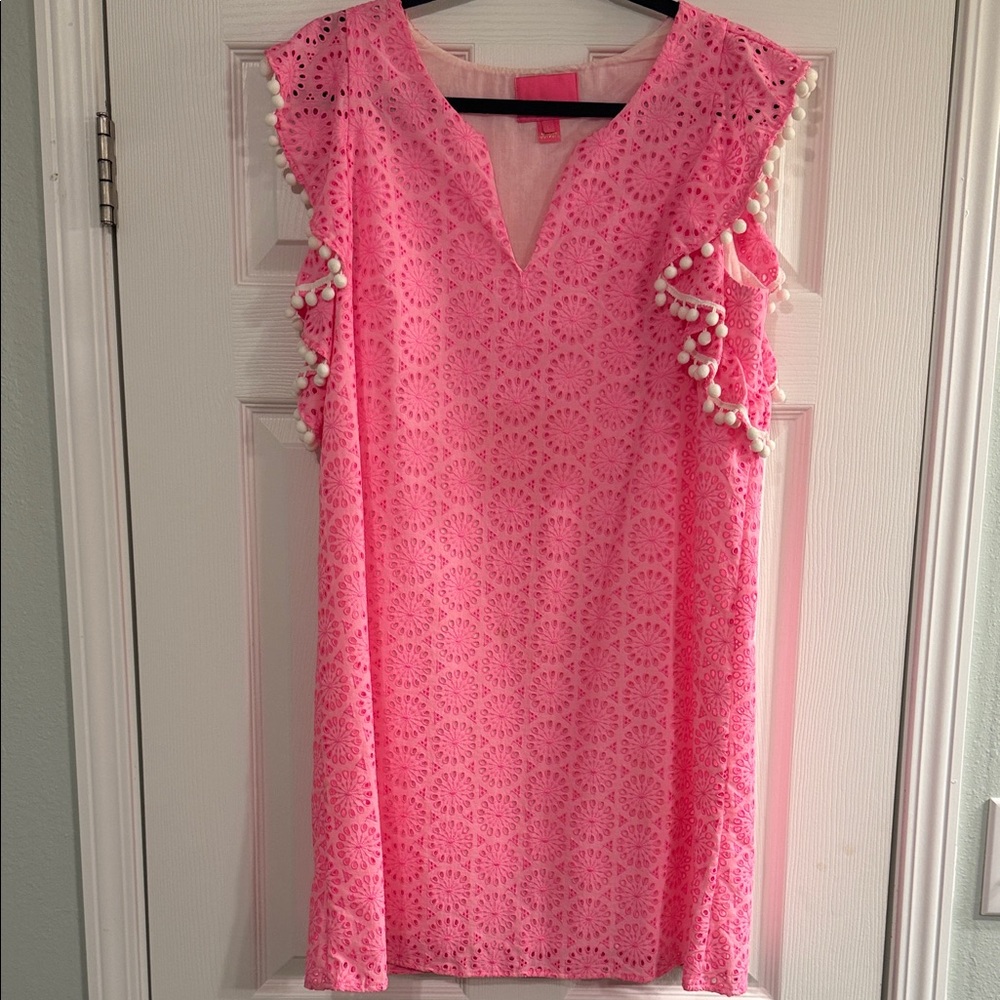 Lilly Pulitzer Pink Eyelet Mini Dress with Pom-Pom Detail